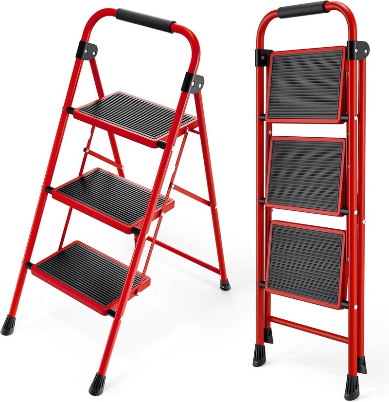 KINGRACK Step Ladder, 3 Step Ladder with with Anti-Slip and Wide Pedal,Portable Foldable Step Stool with Handgrip,Tall Sturdy Step Ladder for Home Kitchen Household,Red - Image 1